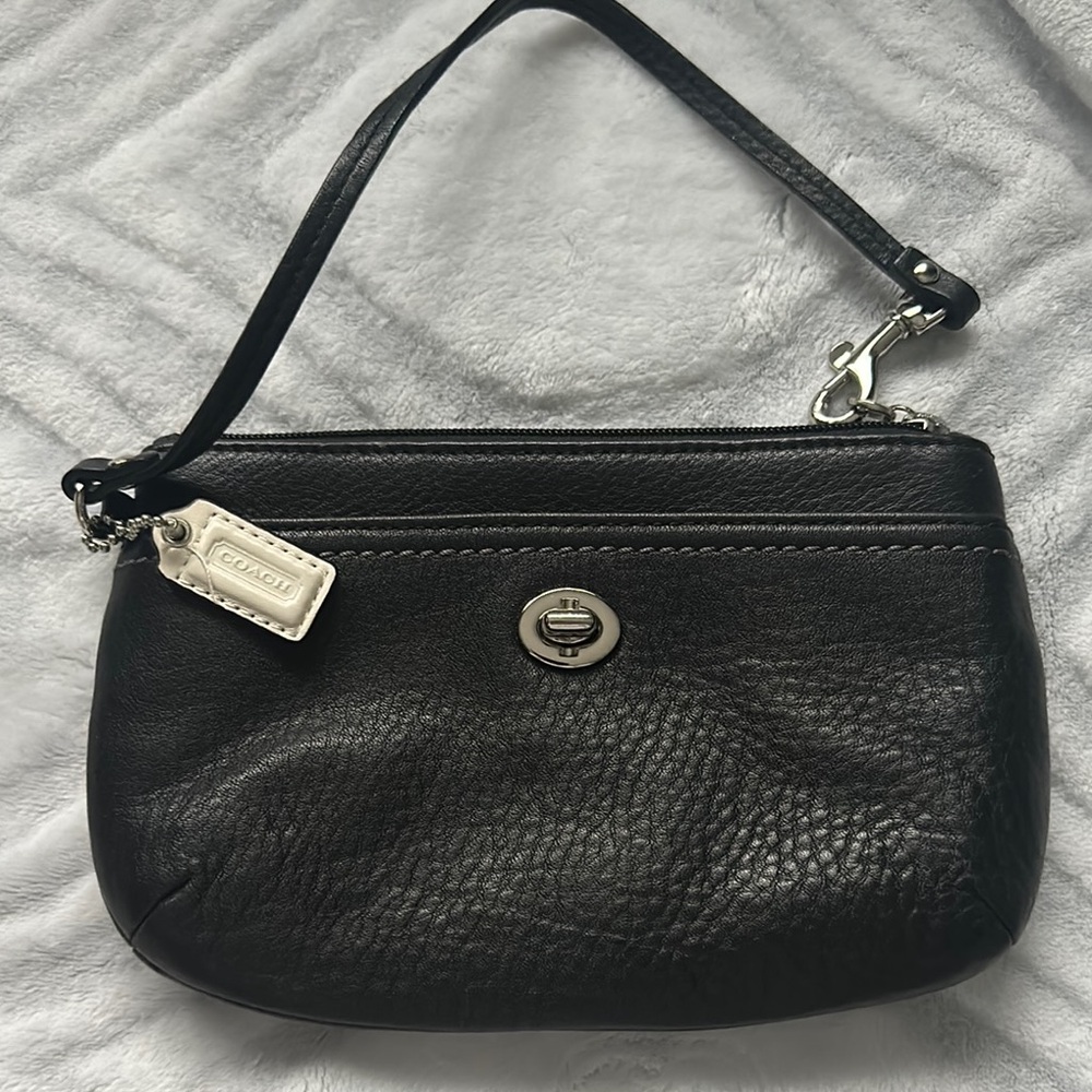 Coach Black Pebbled Leather Wristlet with Silver Hardware